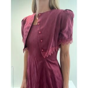 Vintage 2 Piece Handmade Dress & Crop Cardigan Set Maroon Red Size Small JL